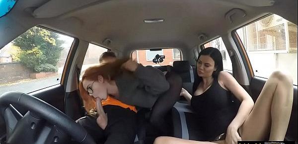  Sweet redhead hard threesome in the car